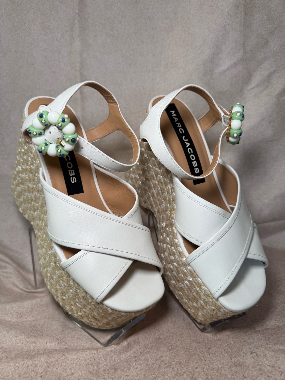 Marc Jacobs White Leather Espadrille Wedge Sandals with Beaded Floral Buckles